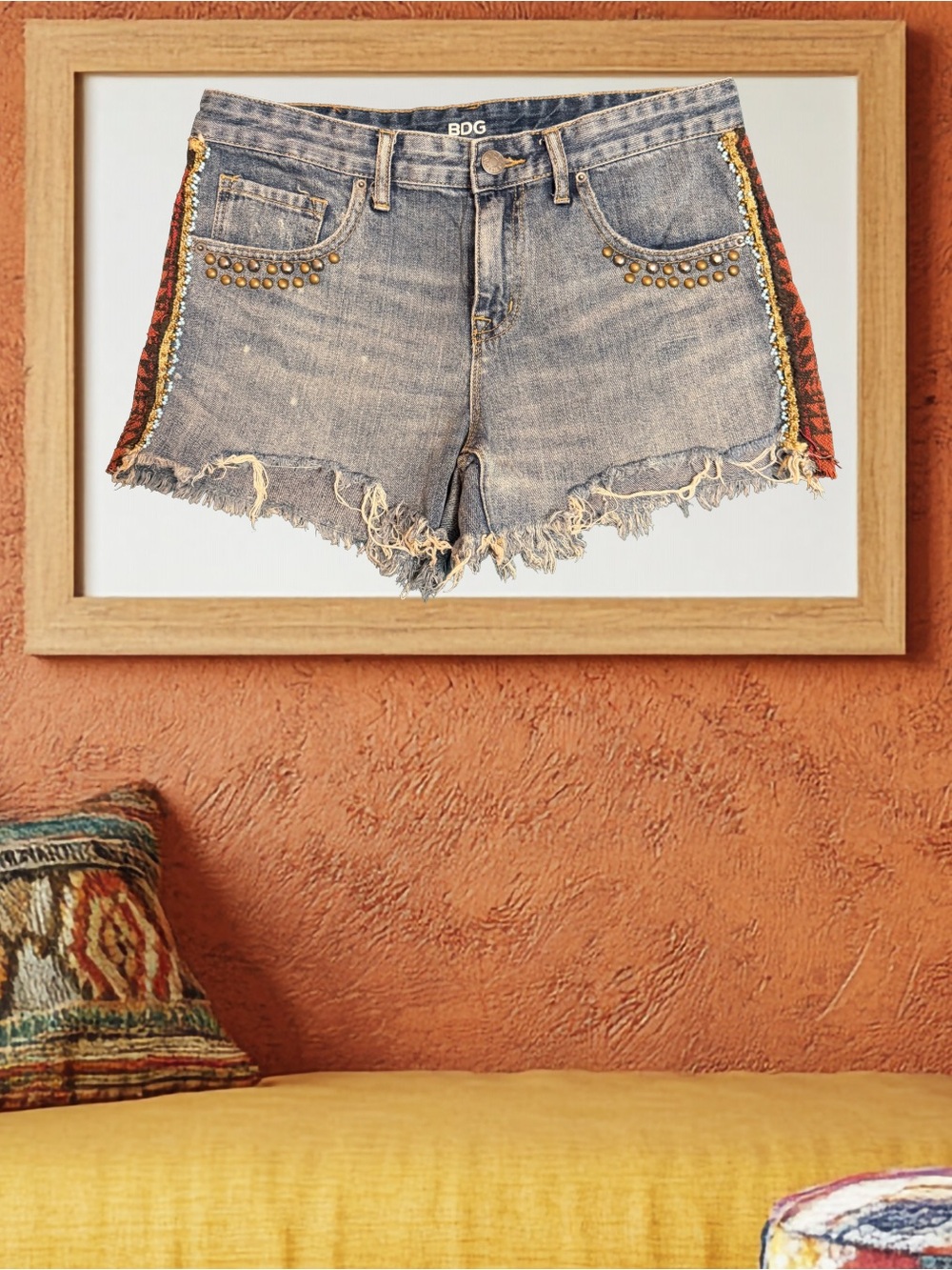 BDG Blue Denim Fringe Shorts with Stud and Tribal Trim